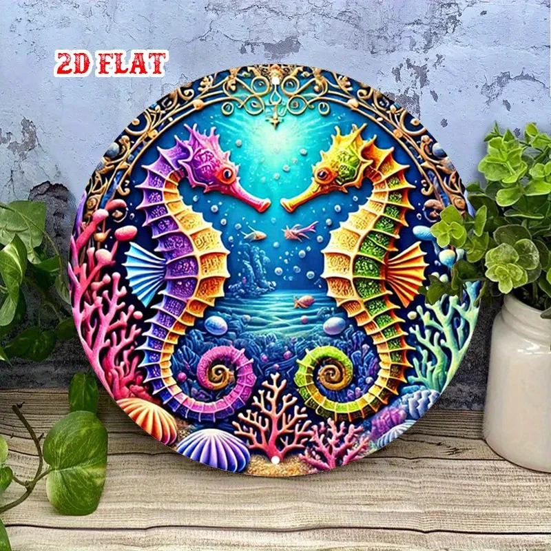 2D Flat, Ocean Theme Metal Wall Decor - Seahorses Coral Reef Marine Life Art in Blue, Purple, Pink, Green, Golden,for Home, Cafe