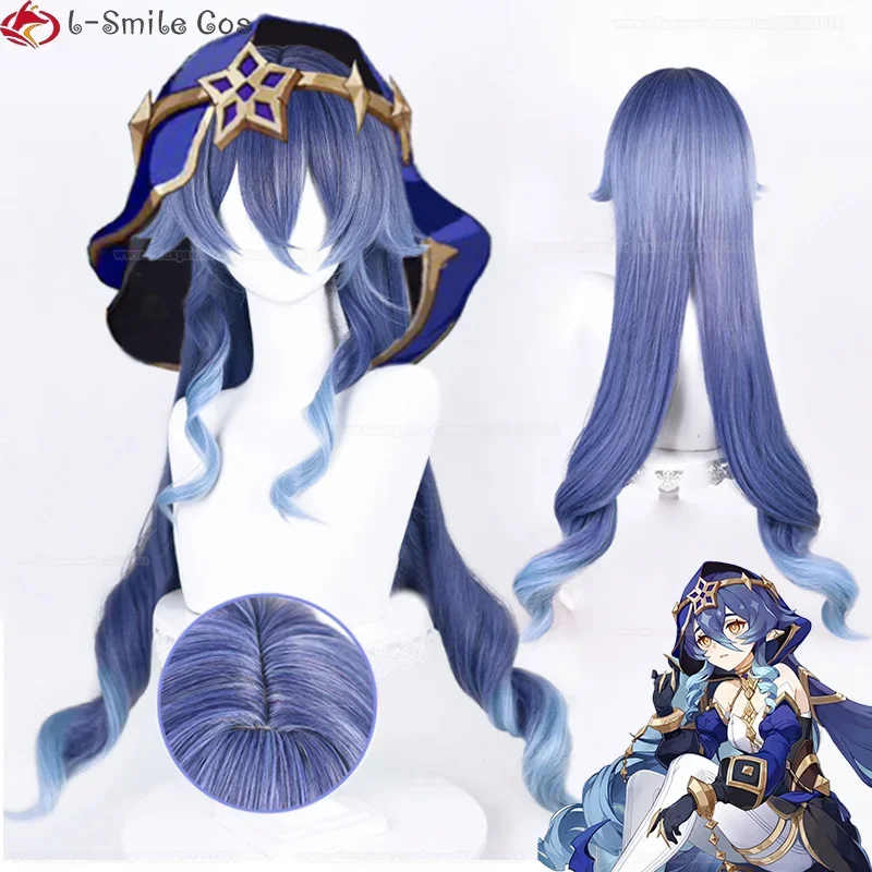 Layla Cosplay Spiel Perücke Layla Genshin Perücke langes lockiges Haar blauer Farbverlauf hitzebeständige Haarperücken Perückenkappe