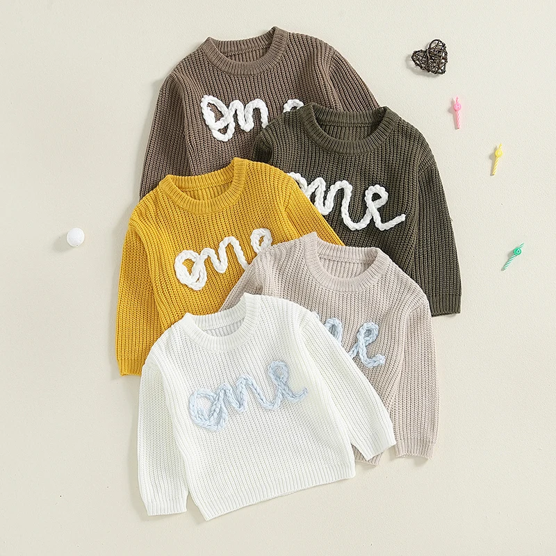 9-18M Newborn Girl Boy Sweater Casual Letters Embroidery Warm Knitted Long Sleeves Pullover Infant Knitwear for Toddler