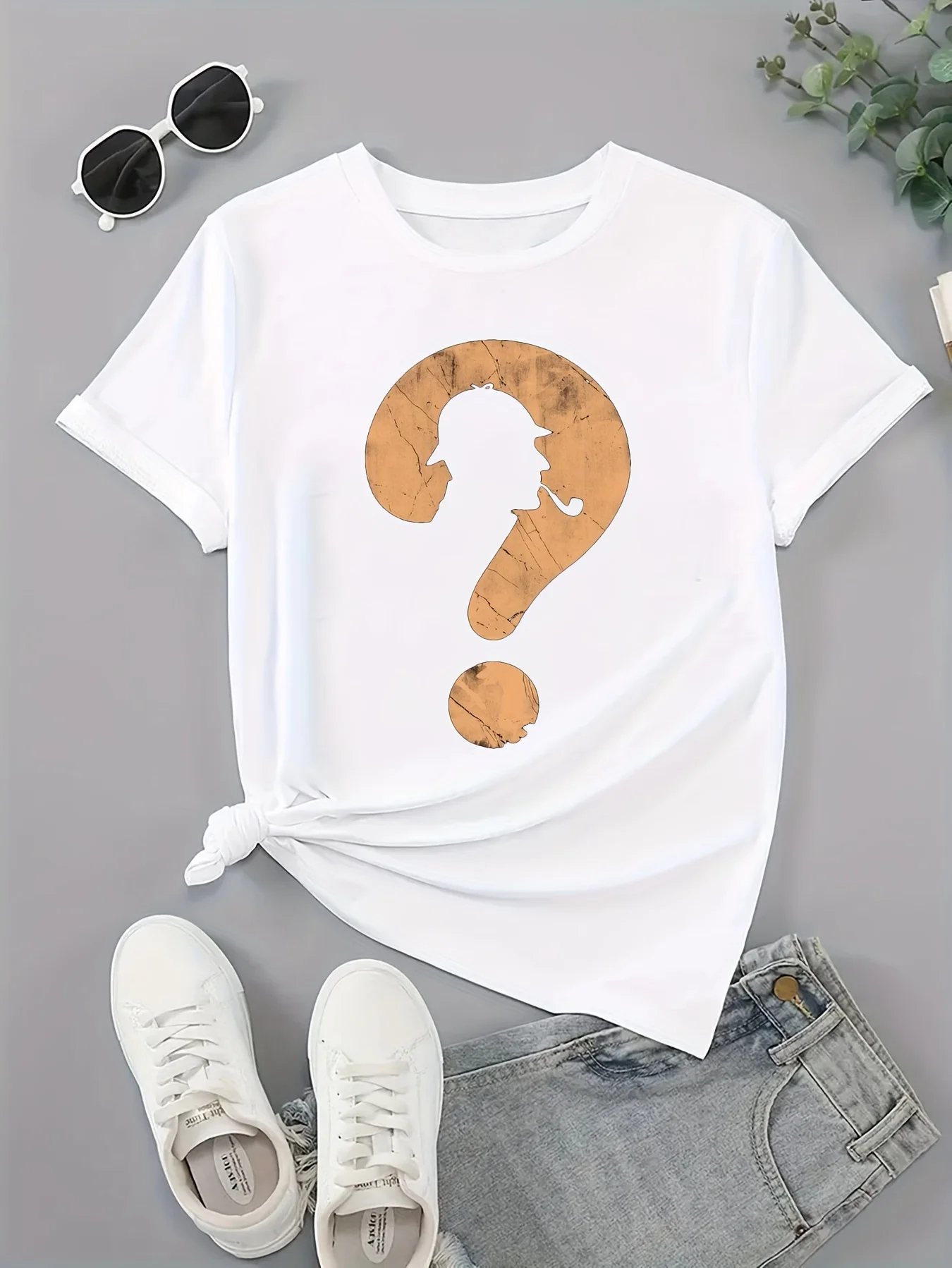 

Question Print Crew Neck T-shirt, Short Sleeve Casual Top For Summer & Spring, Women's Clothing