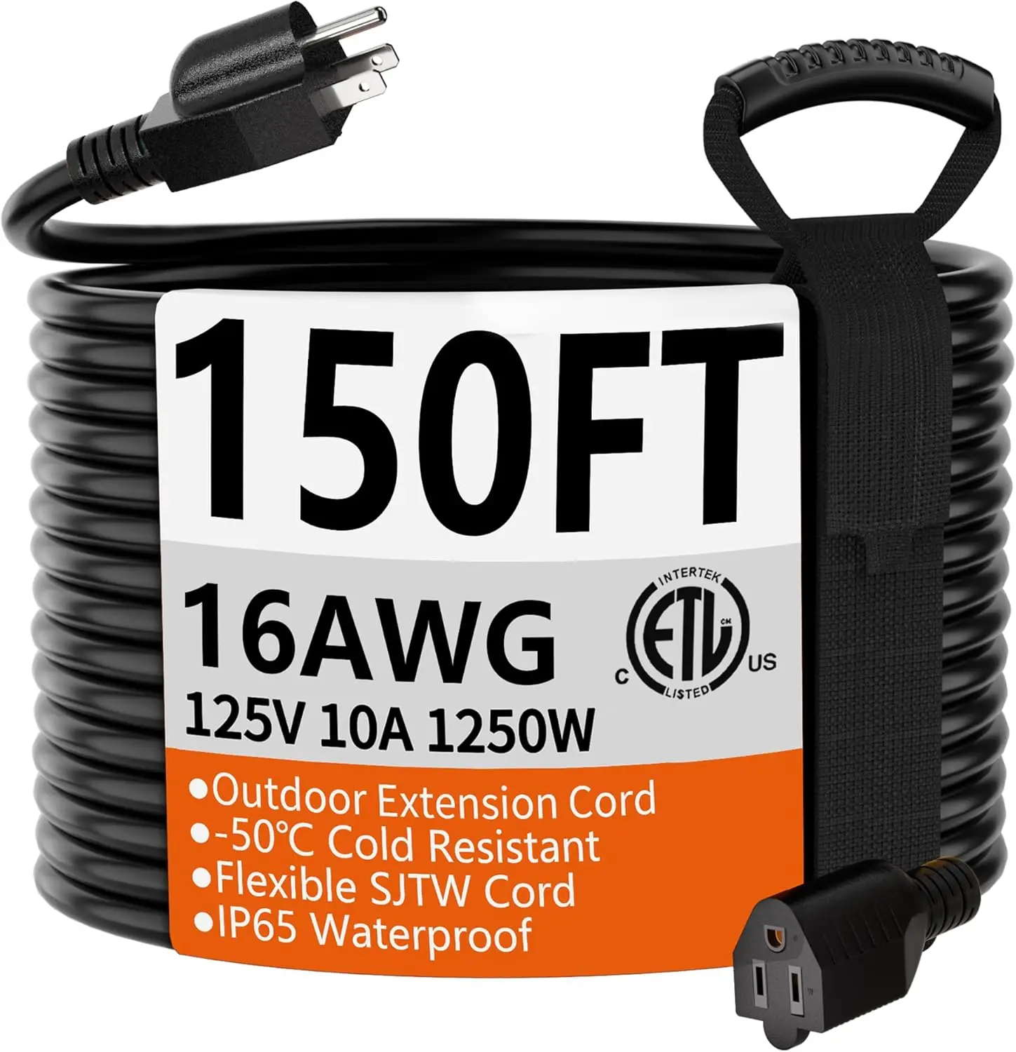 150 FT 16 Gauge Black Indoor Outdoor Extension Cord Waterproof, 10A 1250W 125V 16AWG SJTW, ETL Listed