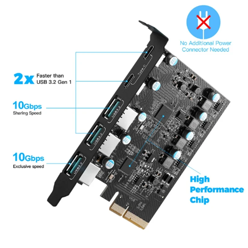 

Карта Pcie к USB 3.2 Gen 2 с полосой пропускания 10 Гбит/с, 5 портов (3X USB-A-2X USB-C), конвертер, разветвитель PCIE для Windows 10/8