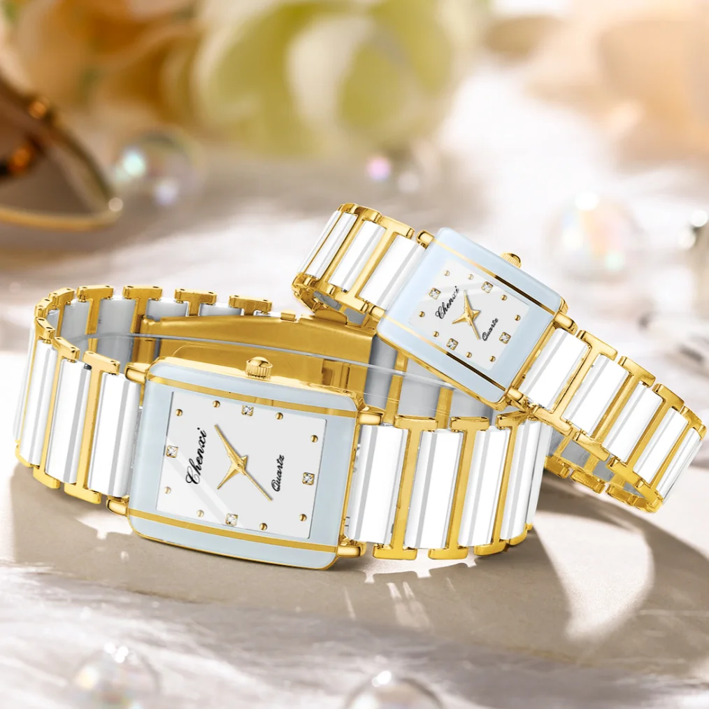 CHENXI 104A Fashion Couple Watches Rectangle Quartz Watch for Women Men Lovers Simulated-Ceramics Relojes Para Damas Reloj Mujer
