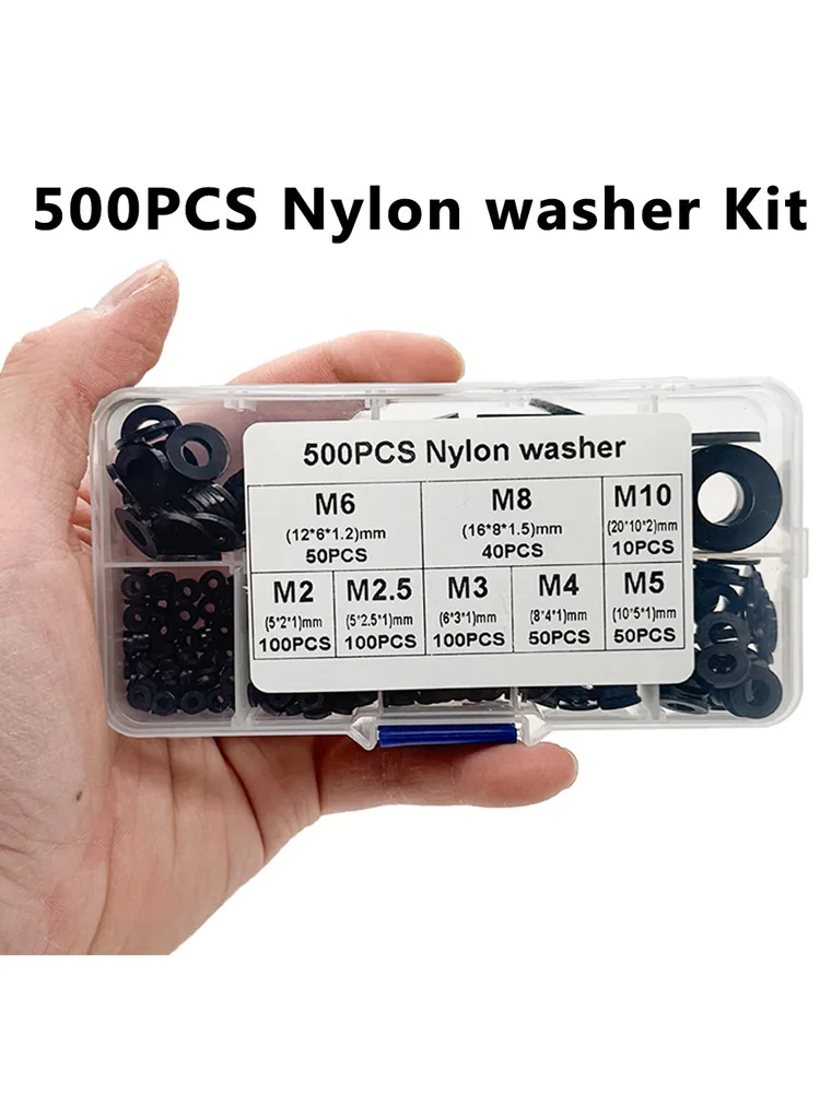 Ensemble de rondelles en nylon de 500 pièces, assortiment plat avec 8 tailles de plaques de sécurité M2 M2.5 M3 M4 M5 M6 M8 M10, rondelles d'étanchéité en nylon