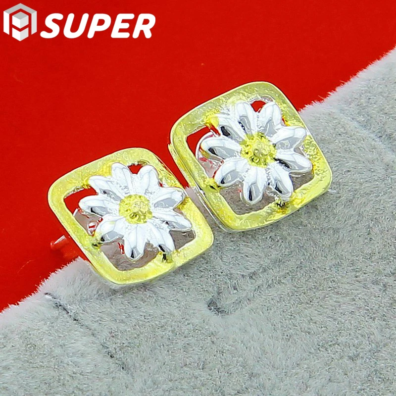 

925 Sterling Silver Gold Flower Stud Earrings For Woman Wedding Engagement Fashion Party Charm Jewelry