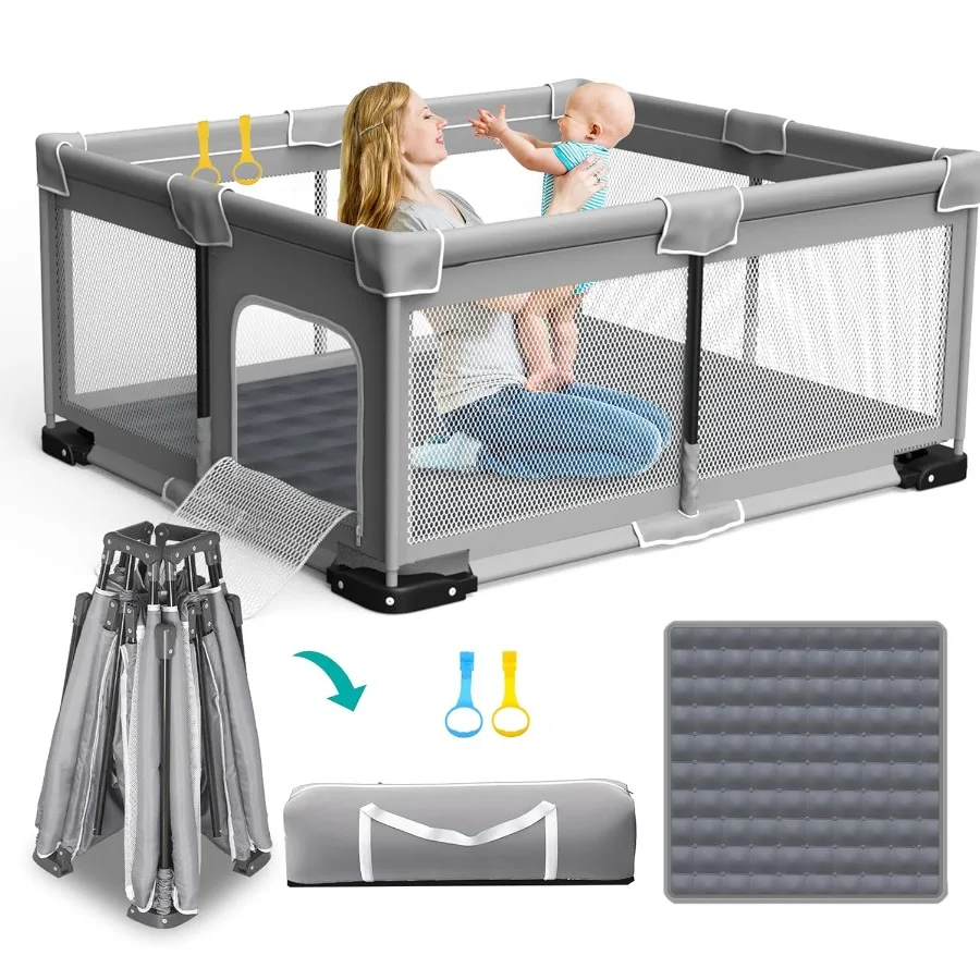 روضة أطفال قابلة للطي للأطفال الصغار مقاس 71 × 59 بوصة روضة أطفال محمولة مع قلم لعب قابل للطي مع مقودين داخلي أ