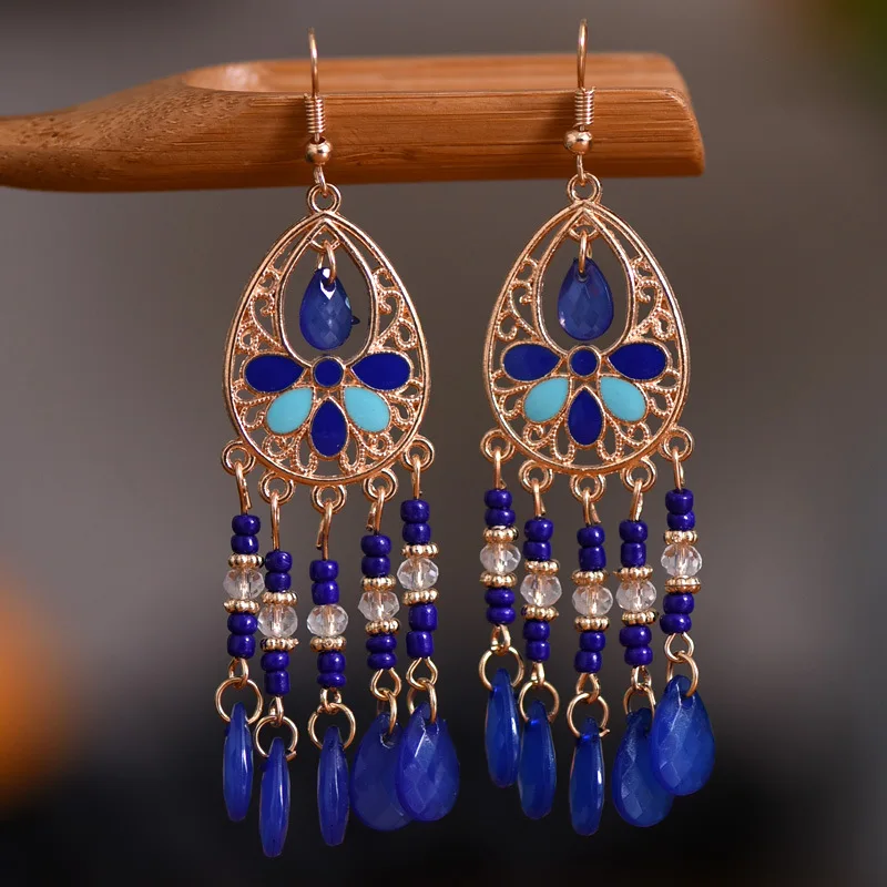 Vintage ethnische lange Tropfen Öl Blume Perlen Quaste Ohrringe für Frauen Boho Gold Farbe hohle Acryl Wasser Tropfen baumeln Ohrringe – Detail 13