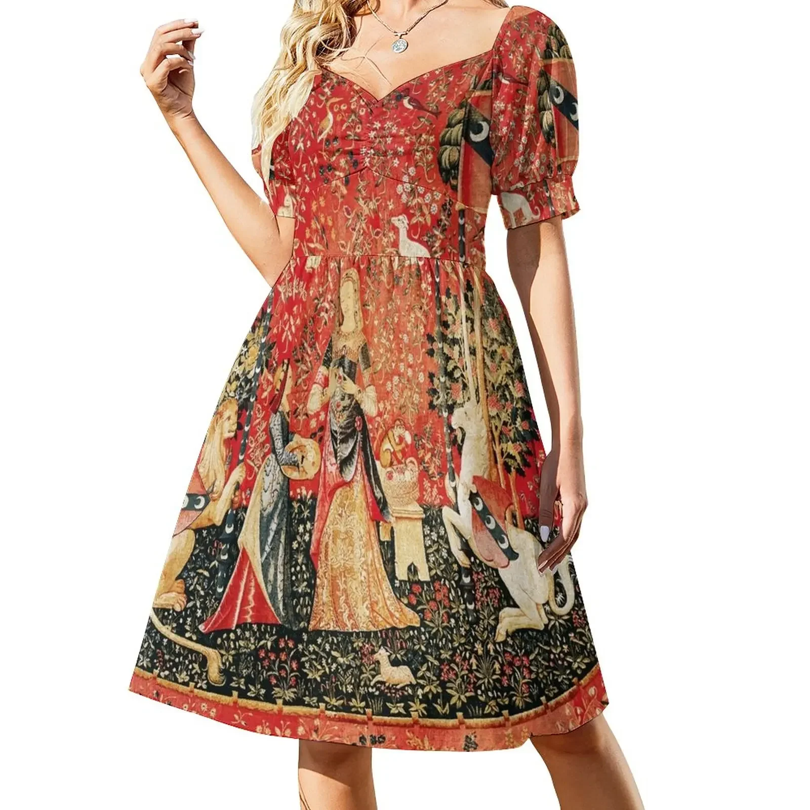 

LADY AND UNICORN ,SMELL ,Lion,Fantasy Flowers,Animals Red Green Floral Short-Sleeved Dress Dresses gala Elegant gowns