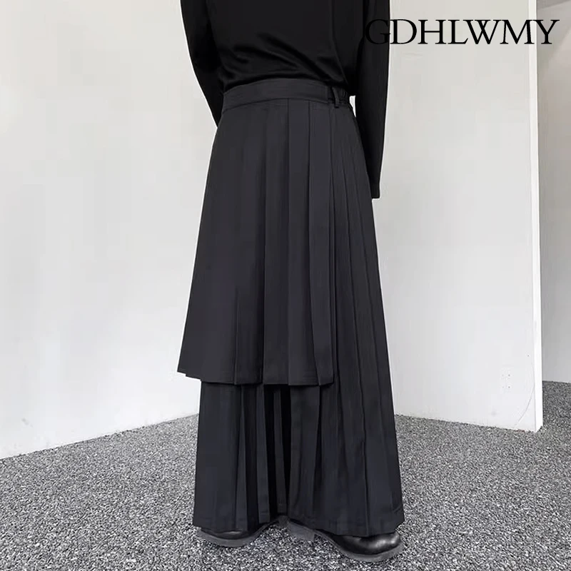 GDHLWMY Trendy men's and women's pleated skirt pants, personalized disassembly skirt, warrior pants, black wide leg pants