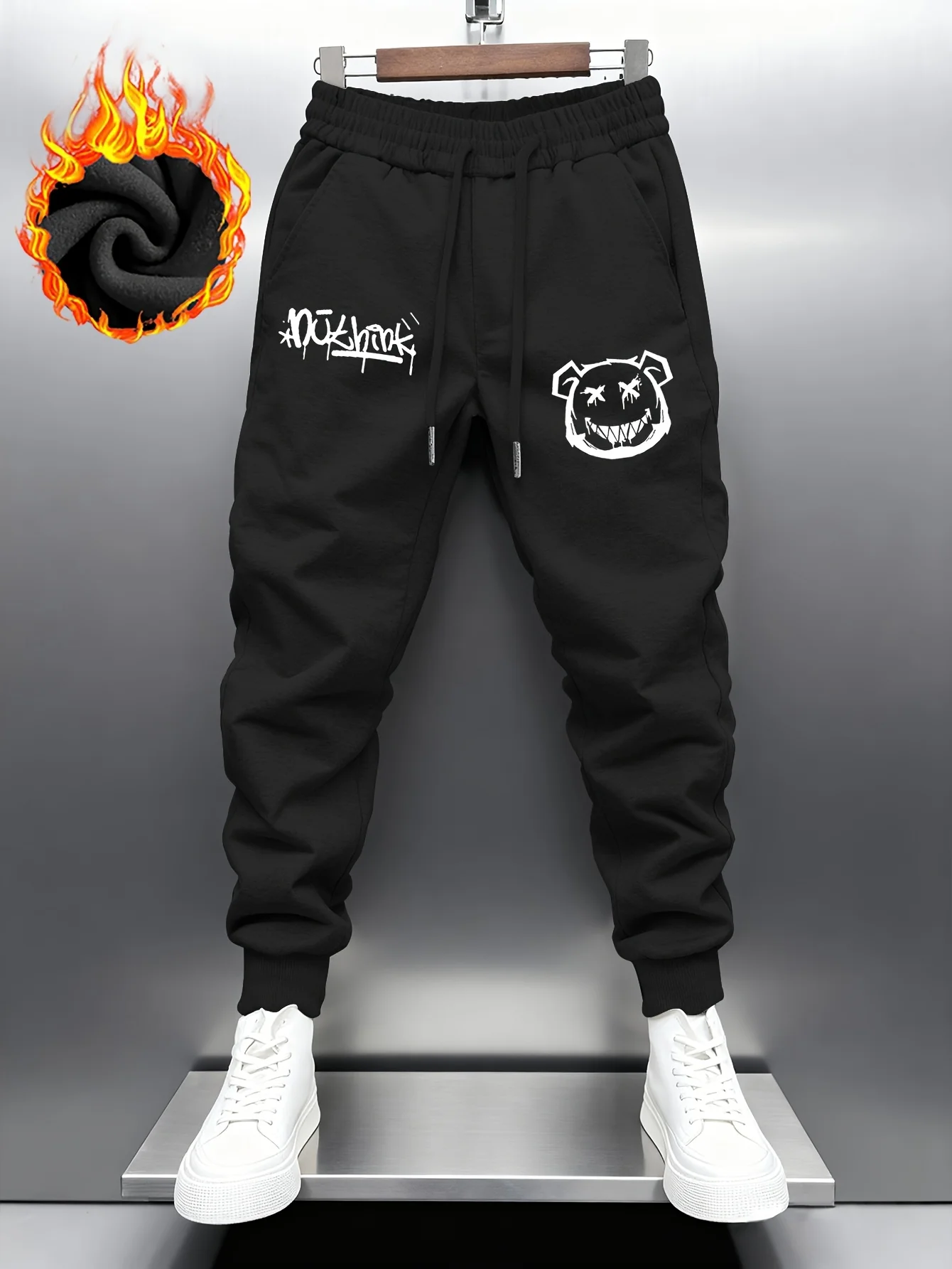 Punk street‑style creepy bear face graffiti handwriting element printed sweatpants men hip hop sports casual jogger pants