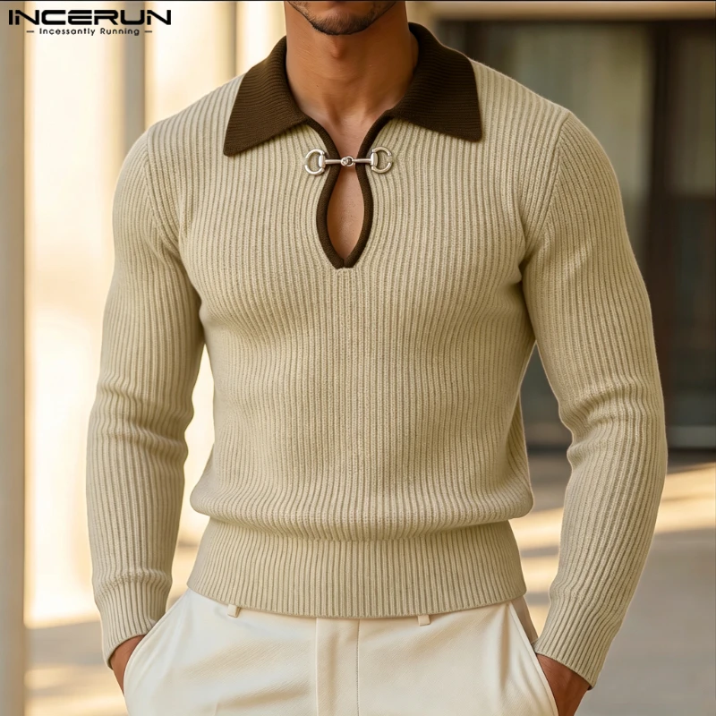 INCERUN Men's Pullovers Patchwork Lapel Long Sleeve Knitted Sweaters For Man Streetwear 2026 Fashion Casual Men Clothes Autumn