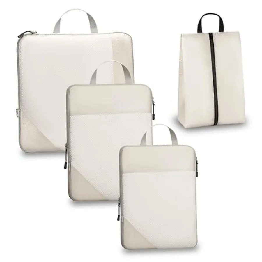 

Compression Packing Cubes for Travel Set of 4 Expandable Luggage Organizers with White Mesh Lightweight Polyester Ox Suitcase E