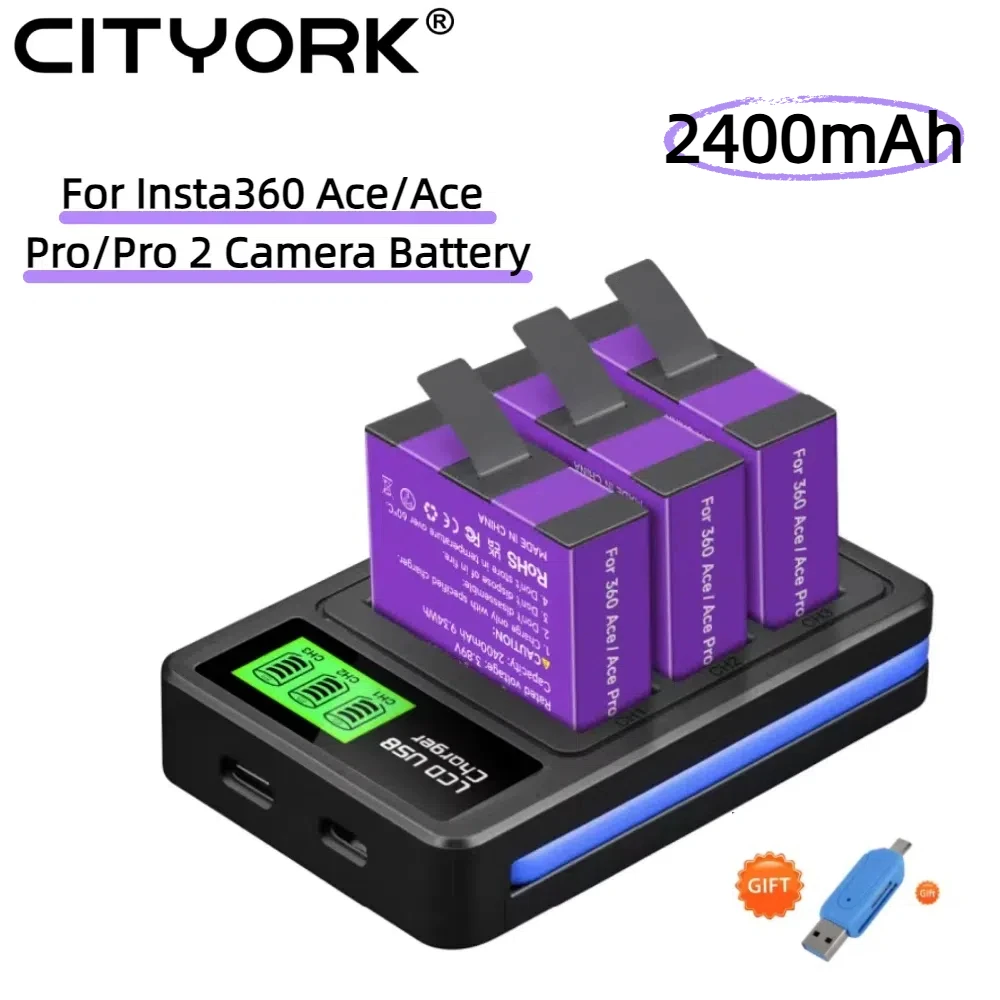 

CITYORK 2400mAh Battery For Insta360 Ace Insta360 Ace Pro Insta360 Pro 2 Camera battery With 3-Slots LCD Charger
