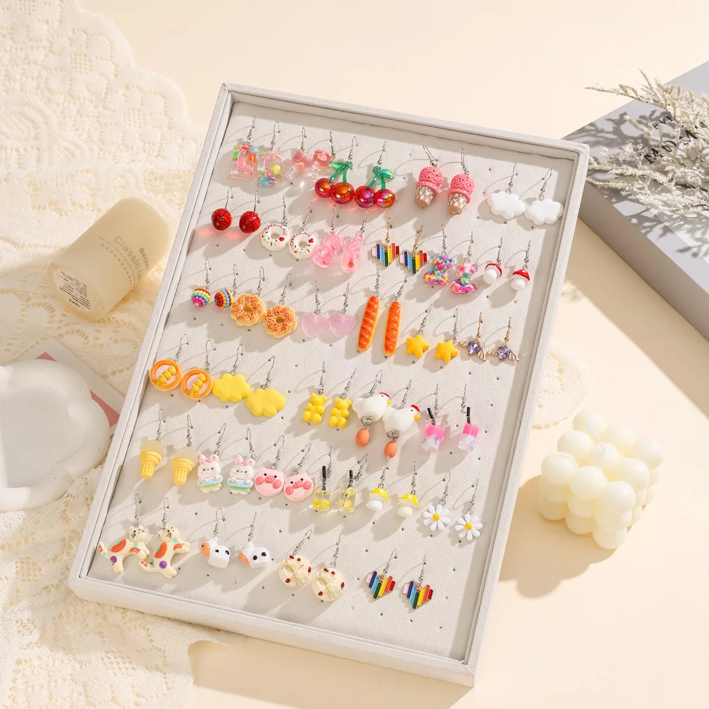 64pcs cute resin earring set fruit flower animal colorful bear cherry kitten daisy earrings women daily jewelry (no box)