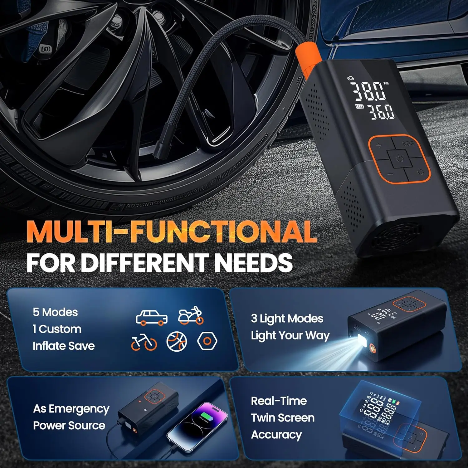 Portable Tire Inflator 150PSI Air Pump with Digital Gauge for Car, Bike, Motorcycle & Inflatables