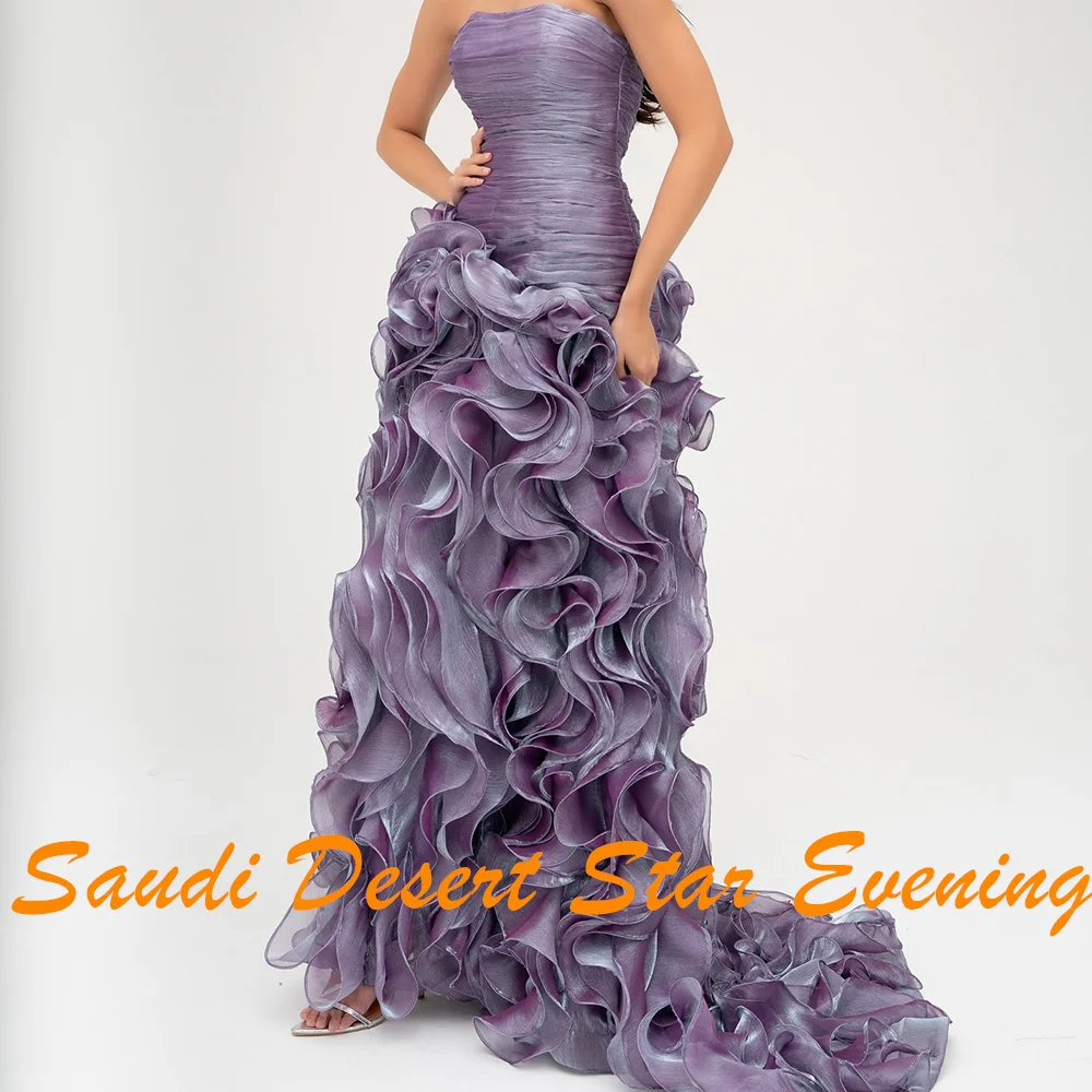 Exquisite Pleats Tiered Ruffles Mermaid Evening Dresses Graceful Strapless Organza Sleeveless Purple Party Gowns فساتين سهرة