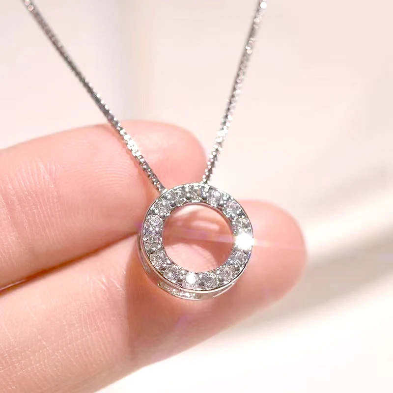 925 Sterling Silber Runde Zirkon-Anhänger-Halsketten für Damen, modischer edler Schmuck, halb mit Strasssteinen besetzte glänzende Kreis-Schlüsselbeinkette – Detail 21