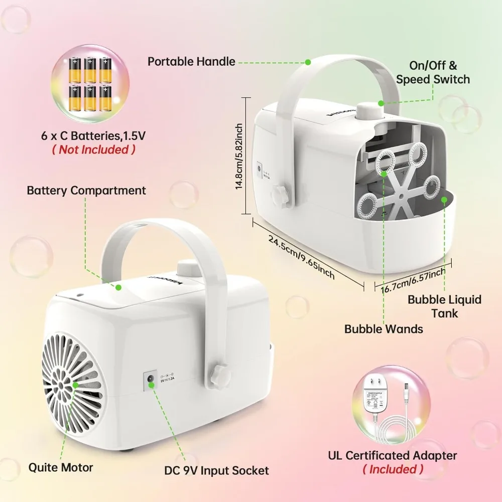 Bubble Machine, 8000+ Big Bubbles Per Minute,  2 Speed Levels, Operated By Plug-in or Batteries, Bubble Maker
