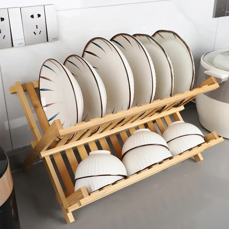 Simple Bamboo Folding Bowl Dish Rack Kitchen Drain Rack Mildew-proof Household Sink Bowl Chopsticks Storage Shelf