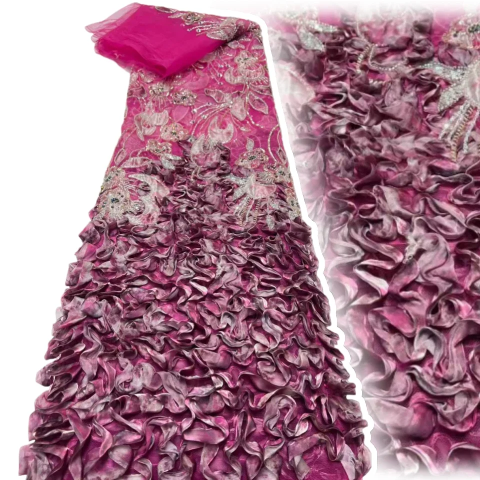 

Африканская французская 3D кружевная ткань 2025 г., высококачественное кружево с вышивкой, нигерийское тюлевое кружево с блестками, 5 ярдов для шитья вечернего платья TP1657