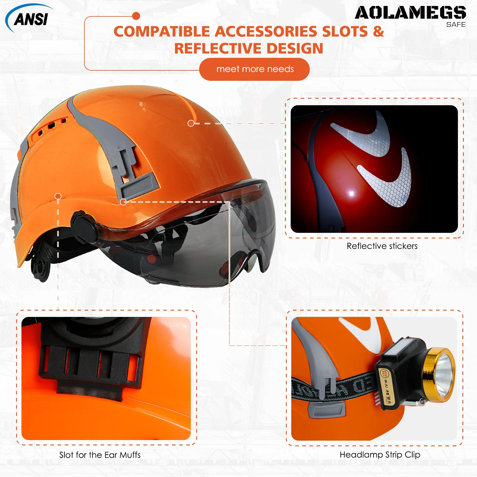 CE Safety Helmet w/ Double Goggles Adjustable Multiway Vent Slots ABS Construction Hard Hat Engineer Industrial Work Hat ANSI