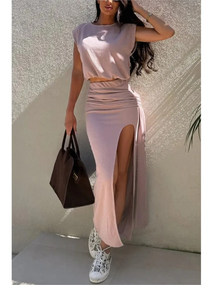

2025 New Round Neck Sleeveless Top Mid-length Skirt Slit Women's Two-piece Casual Personality Fashionable Solid Color Skirt Suit