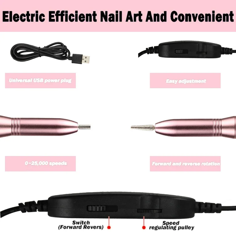 Perceuse à ongles électrique pour manucure, lime à ongles portable USB, stylo à ongles, gel à ongles, polisseuse de fraisage, kit d'outils de salon de manucure