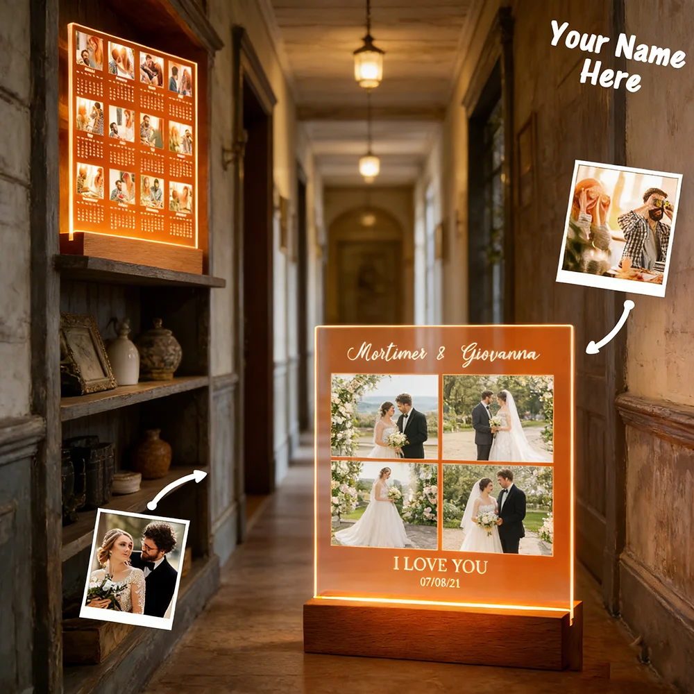 

Valentine Day Couple Romantic Personalized Photo Calendar Custom Acrylic Night Light With Wooden Base Memorial Desktop Decor