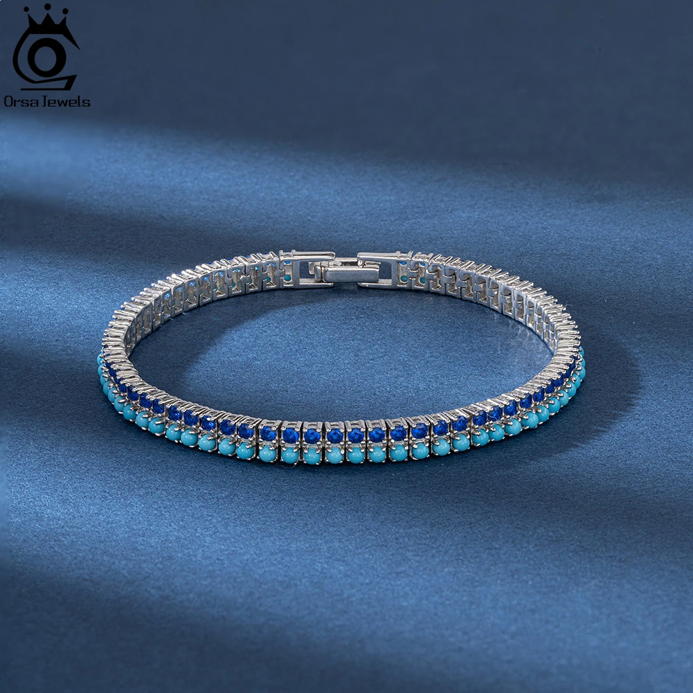 Imagem -05 - Orsa Jewels-925 Sterling Silver Handmade Tennis Bracelet para Mulheres Jóias da Moda Turquesa e Azul Corrente cz Fileiras Sb159