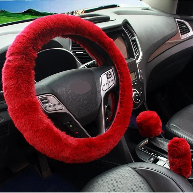 Car Steering Wheel Cover Gearshift Handbrake Cover Protector Decoration Warm Super Thick Plush Collar Soft Black Pink Women Man