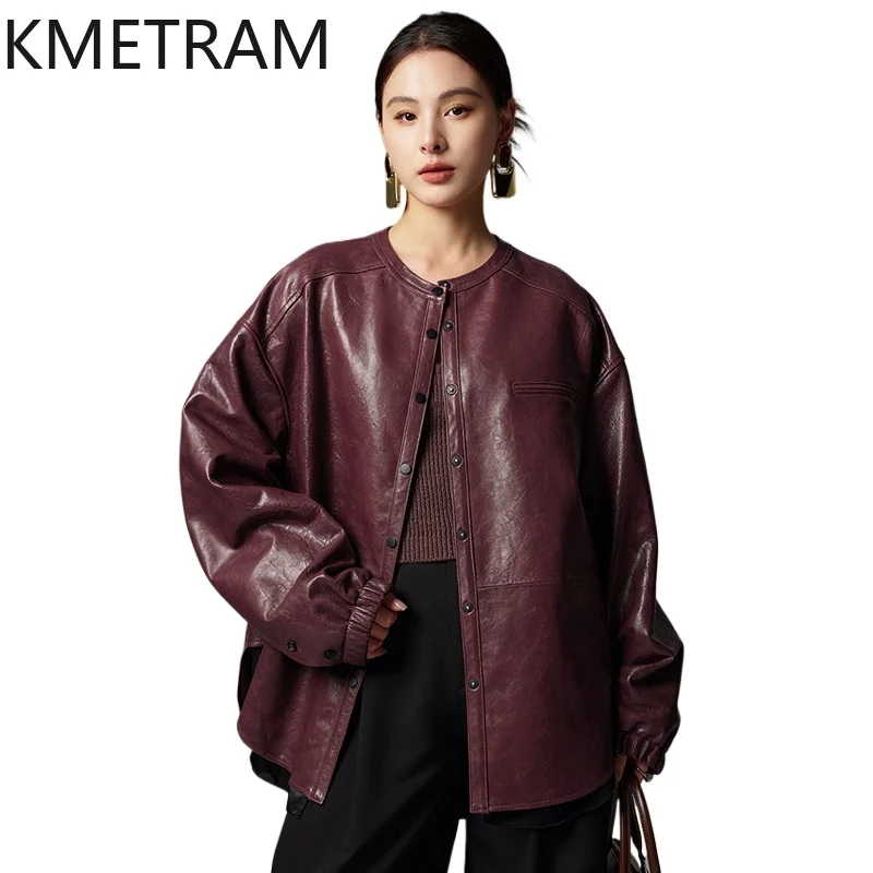 Genuine Leather Jacket Woman Real Oil Wax Sheepskin Loose Jackets High Quality New in Coats Spring Women Clothing 2025 кожанка