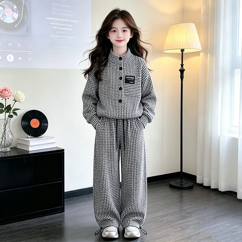 Kids Boys Girls 2‑Piece Chenille Set Houndstooth Half‑Collar Top & Drawstring Adjustable‑Cuff Pants For 7‑16 Years Old