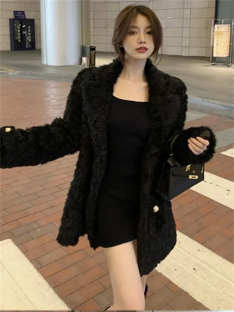 Design Warm Faux Fur Blazer Jackets Winter Thick Korean Fashion Lambwool Coats Women Loose Jaqueta Fashion Luxury Furry Clothing