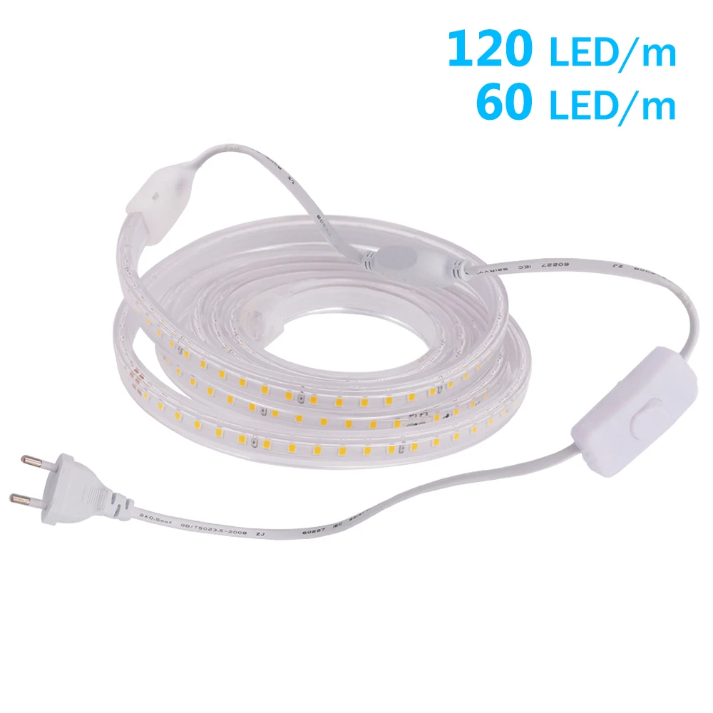 

AC 220V LED Strip Waterproof Outdoor Decoration Lighting Lamp 5050 60LEDs/m 2835 120LEDs/m LED Tape With EU Power Switch Plug