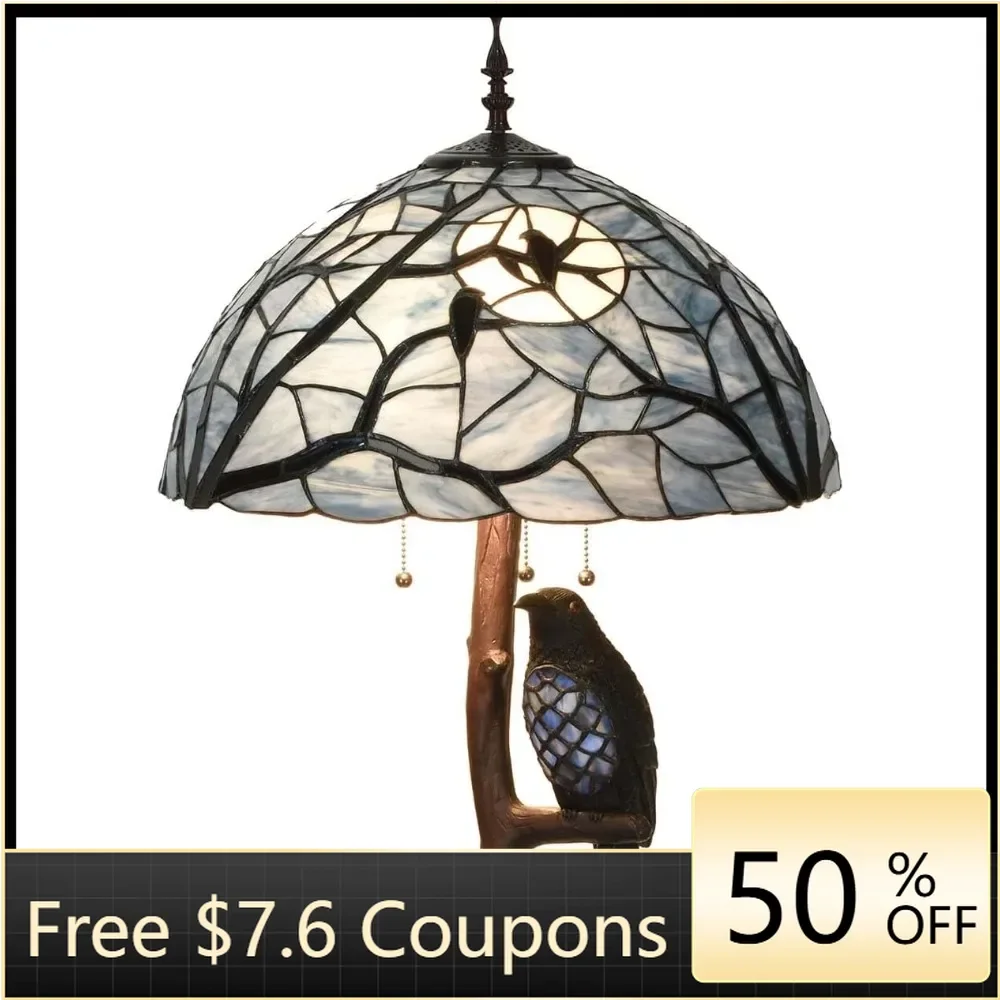 Tiffany Style Stained Glass Floor Lamp with Raven Night Light Double Lit for Halloween Décor,4-Light, 65 inches Tall (Dark Blue)