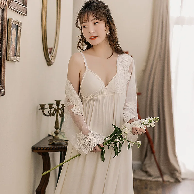 Lace Robe Long Robe Lady White Lace Embroidery Robe and Slip Two Pieces For Women Robe Sleepwear Bride