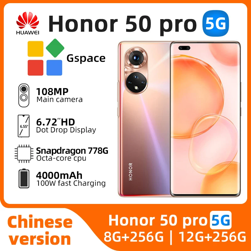 Honor 50 Pro 5G SmartPhone 108MP Camera 6.72'' 120Hz OLED Screen Snapdragon 778G 100W Super Charge 4000mAh Battery NFC usedphone