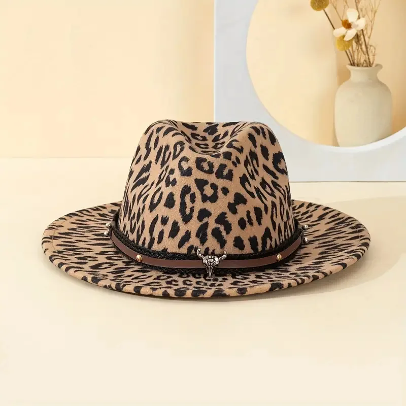 Women's Western Hat with Bull Decor - Felt Fedora in Leopard Print, Autumn/Winter Tibetan Style Cowboy Hat for Outdoors