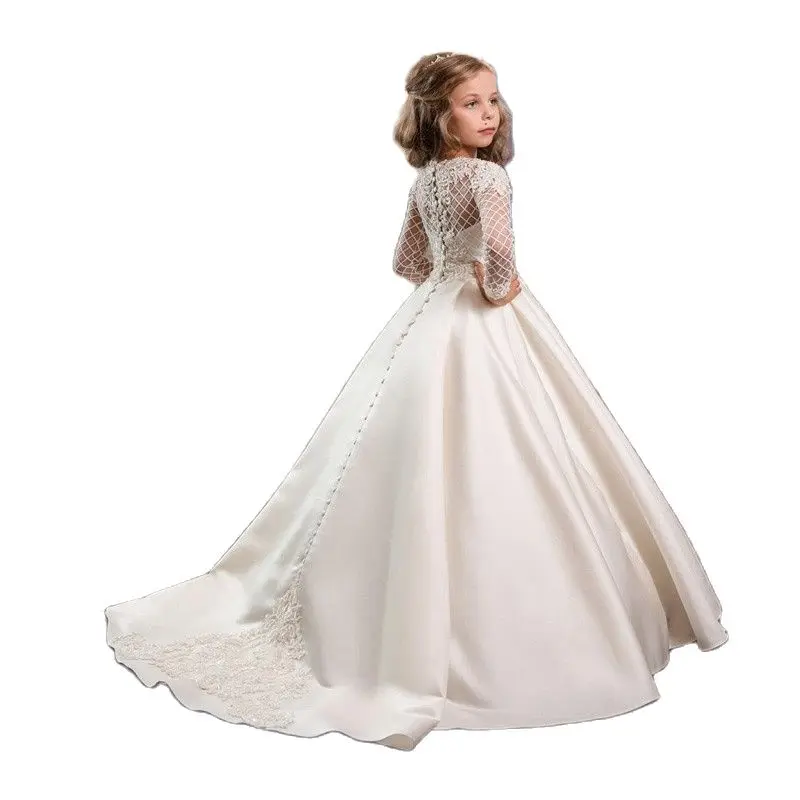 

White Flower Girl Dresses For Weddings Banquet Dress Girl Beaded Birthday First Communion Dresses Petals Long Sleeves Ball Gown