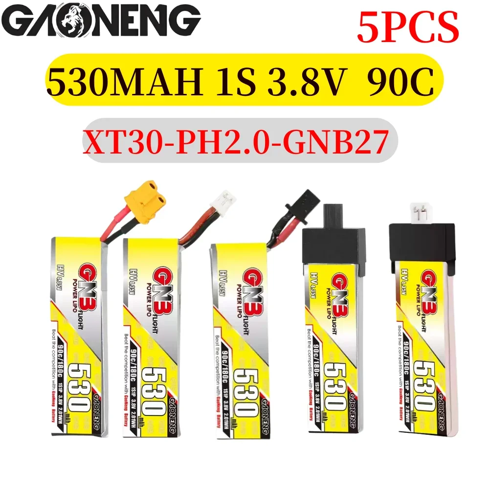 GAONENG GNB 리포 배터리, 미니 쿼드 FPV 드론용, XT30 PH2.0 GNB27 플러그 커넥터 포함, 530mAh 1S1P 3.8V 90C, 5 개