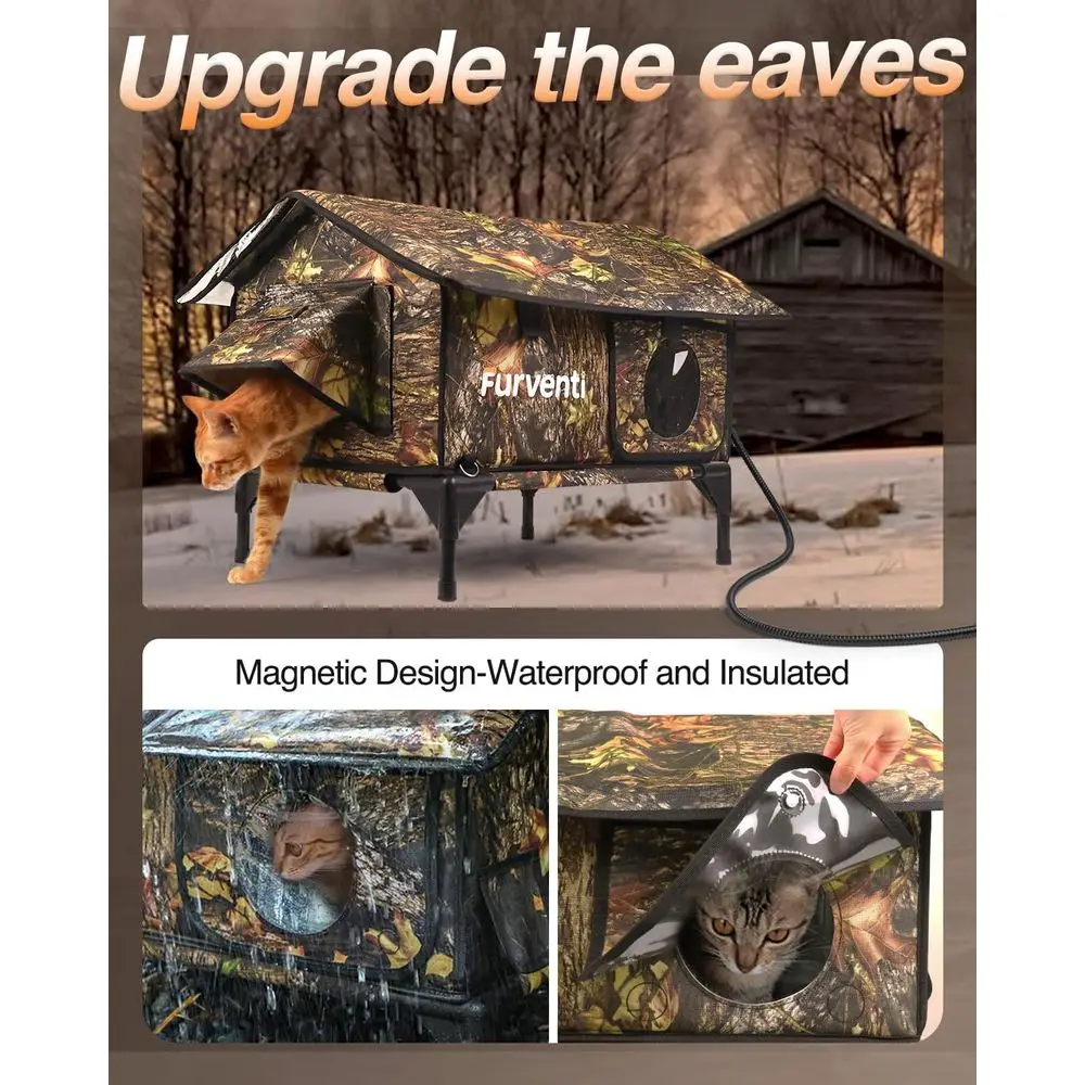 مأوى للقطط في الهواء الطلق معزول مقاوم للعوامل الجوية مع تصميم مرتفع وباب هروب للقطط الحلقية