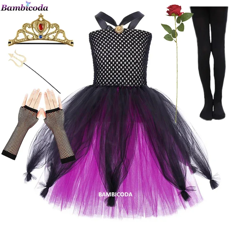 البحر الساحرة Ursula تأثيري للفتيات الأرجواني الأخطبوط فستان طويل توتو للأطفال كرنفال الزي عصا سحرية تاج أزياء الهالوين