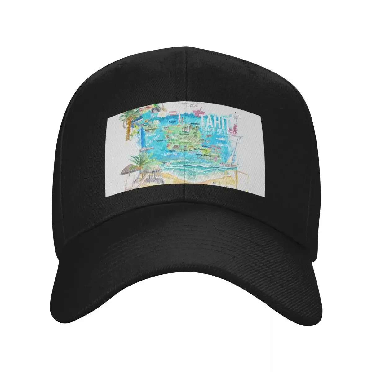 Tahiti Illustrated Travel Map with Roads and Highlights Baseball Cap Designer Hat Luxury man cap sun caps Hats Woman Men's