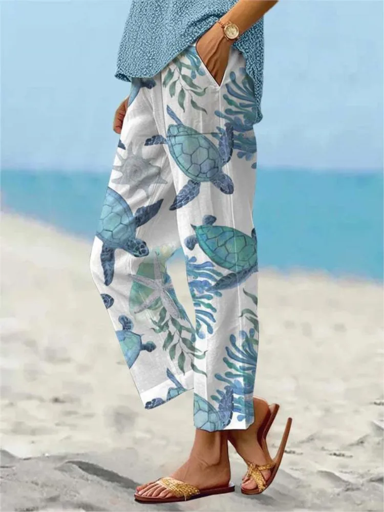 

Casual Print Long Pants For Women Fashion High Waist Pockets Straight Pants Lady Boho Holiday Beach Womens Clothing Spring New