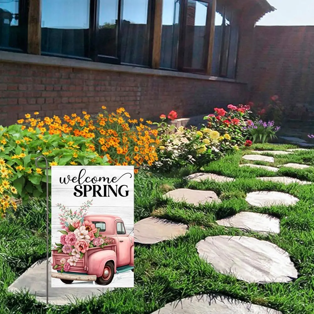 Welcome Spring Pink Truck Garden Flag for Outside 12x18 Inch Double Sided Vintage Pickup with Flowers Spring Yard Flag Seaso WWP