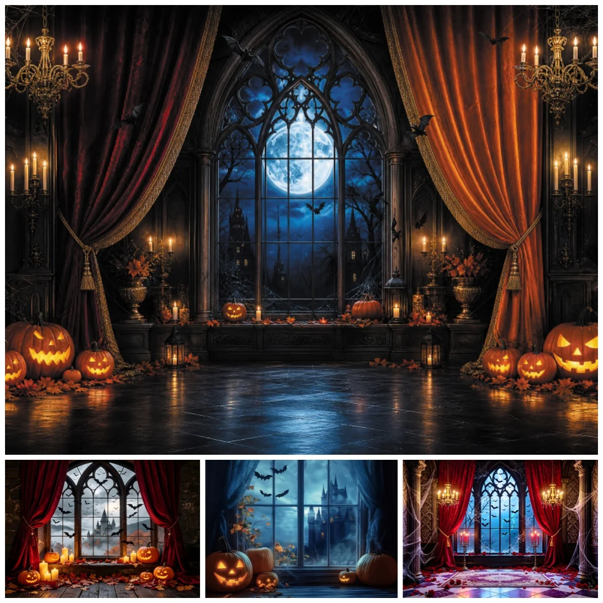 Yeele Halloween Fotografie-Hintergrund Gotisches Schloss Fenster Mond Kürbis Hintergrund Halloween-Party Porträt Fotobox Dekoration