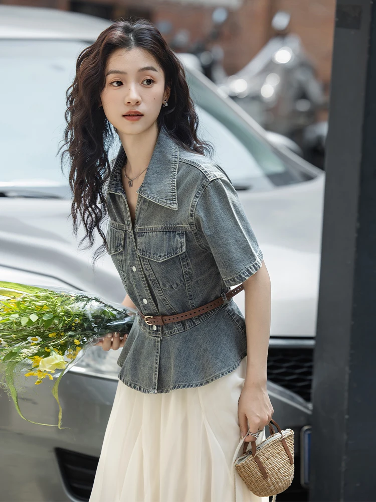 

Slim Fit Vintage ort Sve Denim irt V Ne Waist Cinching Versatile Top for Women Commute Sle Summer New Arrival