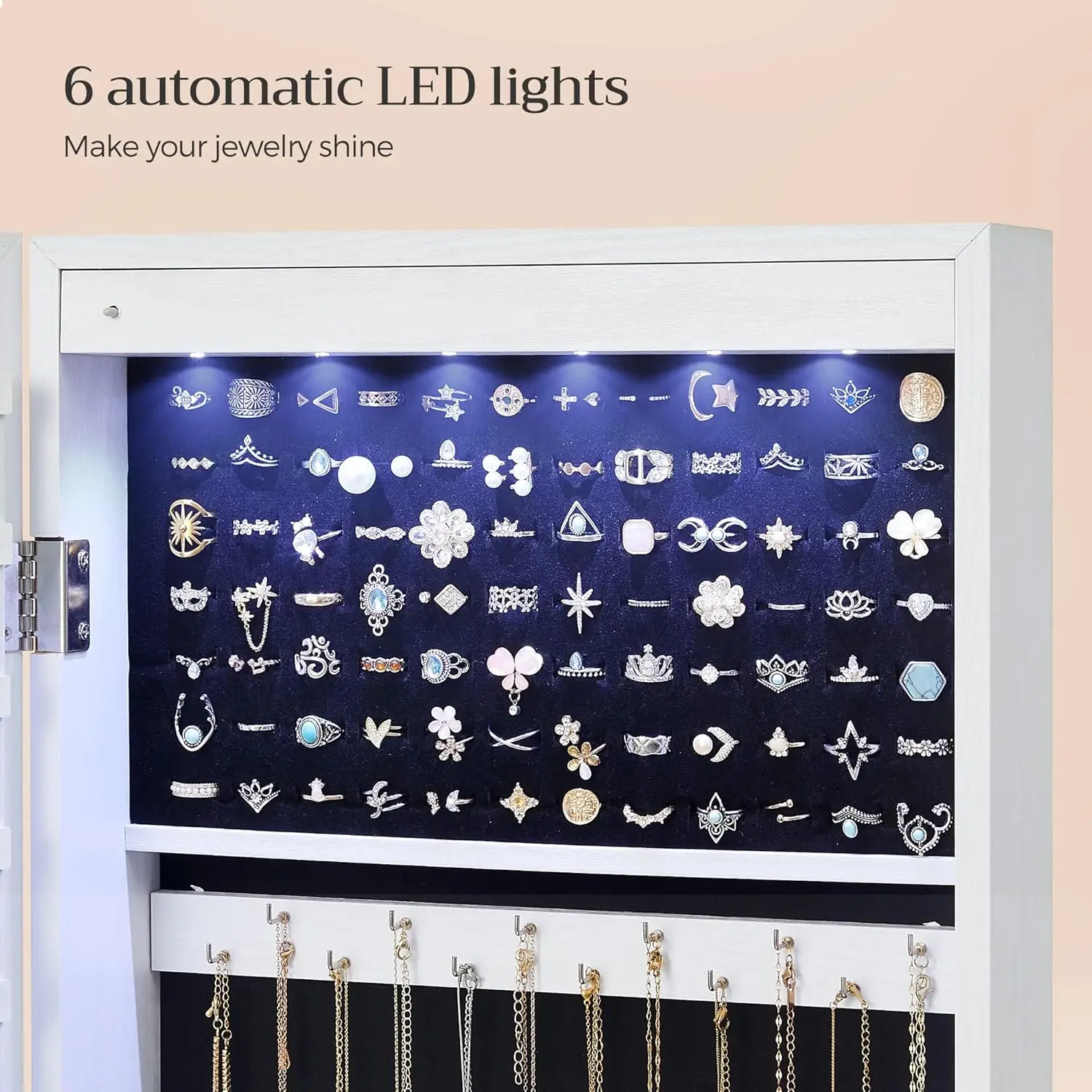 Armário de joias com espelho de 6 LEDs, organizador de armário de joias montado na parede ou na porta com fechadura de 47,2 polegadas de altura com espelho