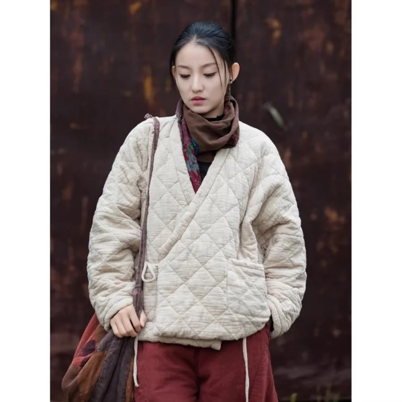 

Cotton And Linen Jacket Autumn Winter Zen Style Women's Clothing Chinese Slanted Collar Tied Rope Quilted Coat Top W1202 ﻿