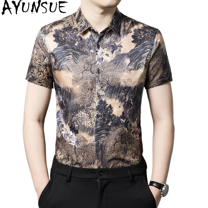 

SYUNSUE 65.9% Cotton Men Shirt 34.1% Mulberry Silk Mens Shirts Short Sleeves Summer Shirts for Men Chemises Hommes Fashion Tops